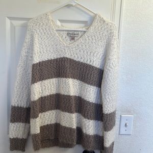 Knox Rose taupe/cream striped v-neck sweater.